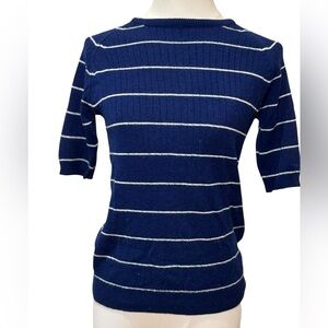 Vintage Full Fashioned Blue & White Stripe Knit Short Sleeve Top Size Medium